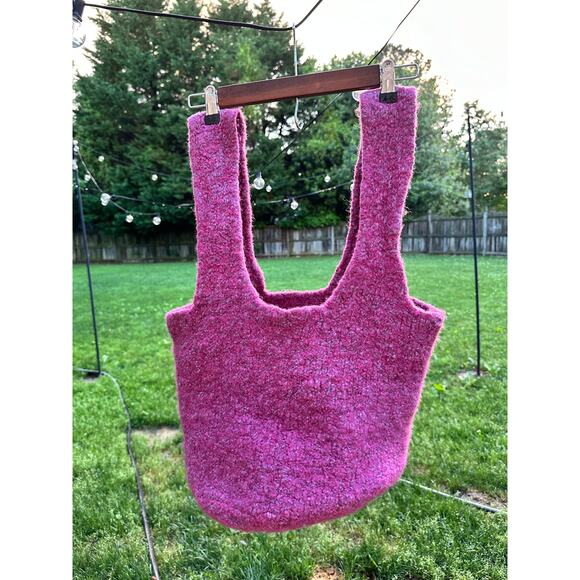 Handmade Felted Wool Knit Bucket Bag Pink Floral Embroidered Boho Purse Tote - Picture 6 of 9